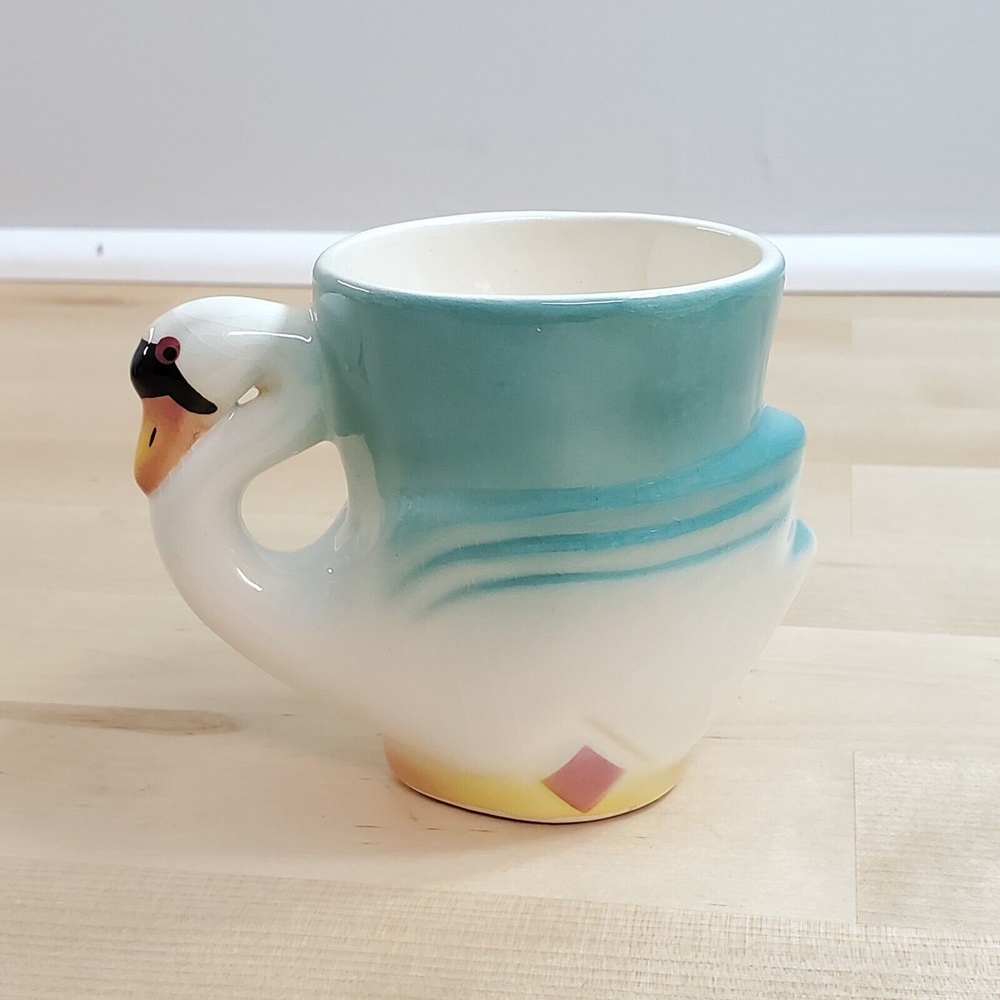 Vtg Swan Ceramic Planter Cup ~ Pink Blue White ~ Retro Cute